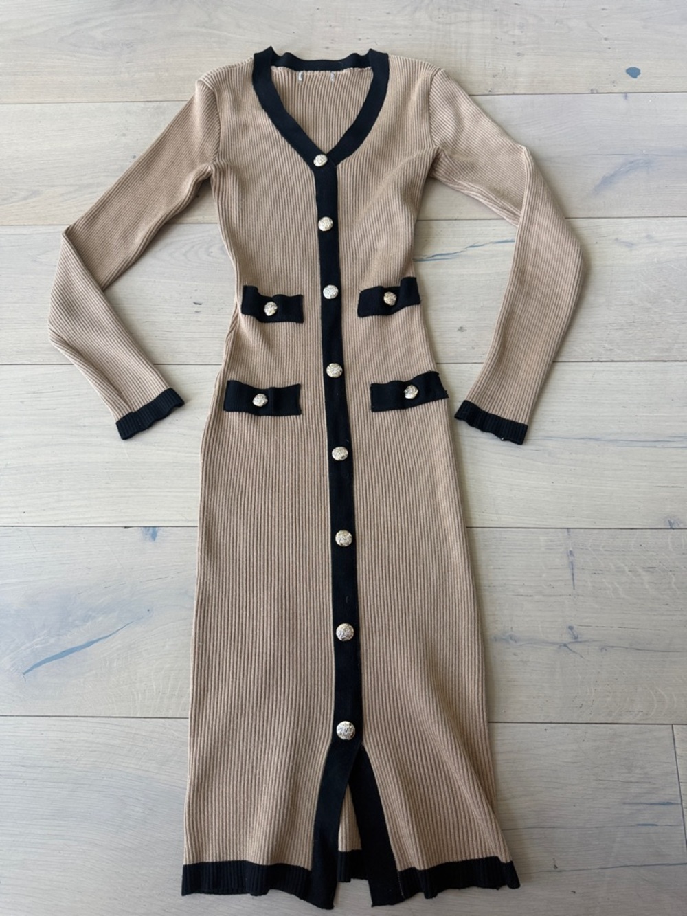 Ribbed Knit Long Cardigan Dress in Beige with Black Trim